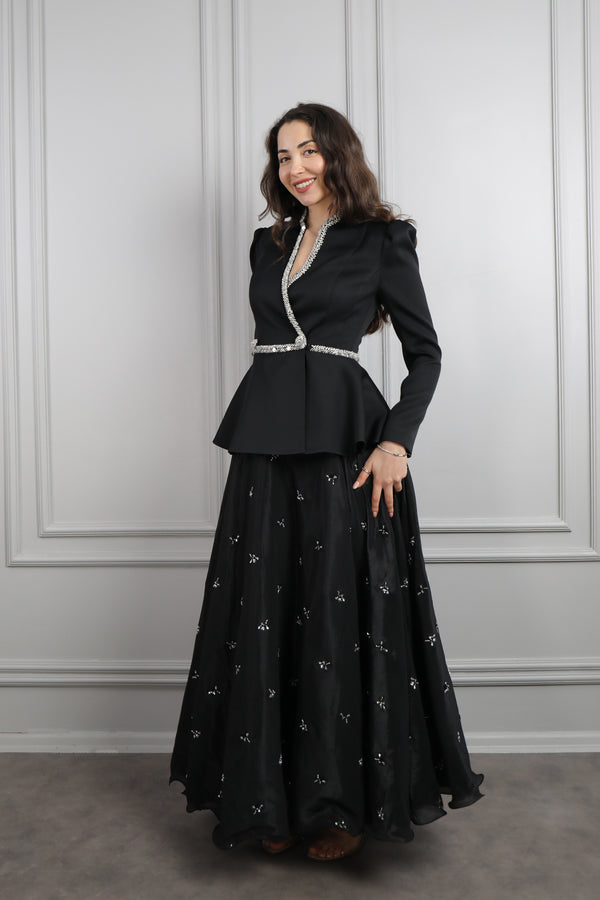 Taş Detaylı Boncuk İşlemeli Etek Takım Siyah