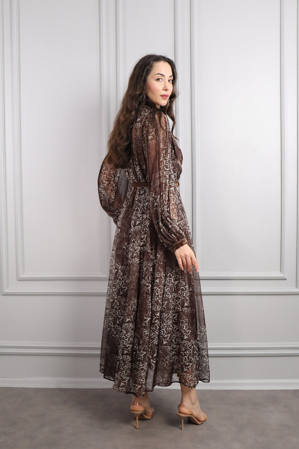Gömlek Yaka Beli Kemerli Kadife Detaylı Desenli Midi Boy Şifon Elbise Kahverengi