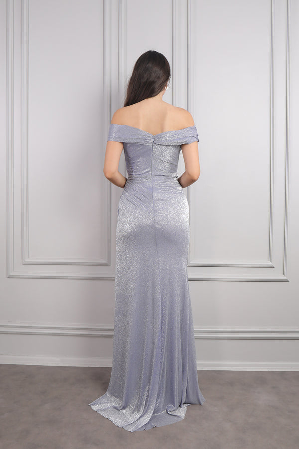 Kayık Yaka Drape Detaylı Parlak Kumaş Abiye Lila