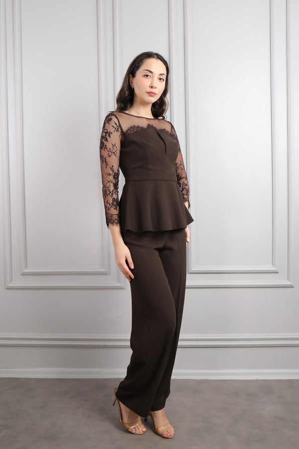 Beli Kemerli Trasparan Detaylı Pantolon Takım Kahve