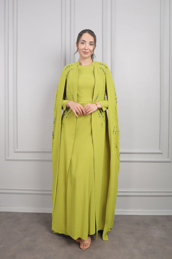 Boncuk İşlemeli Pelerin Detaylı İkili Abaya Takım F.Yeşil