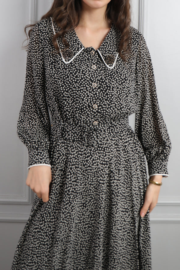 Bebe Yaka Beli Kemerli Desenli Büyük Beden Midi Boy Elbise Siyah