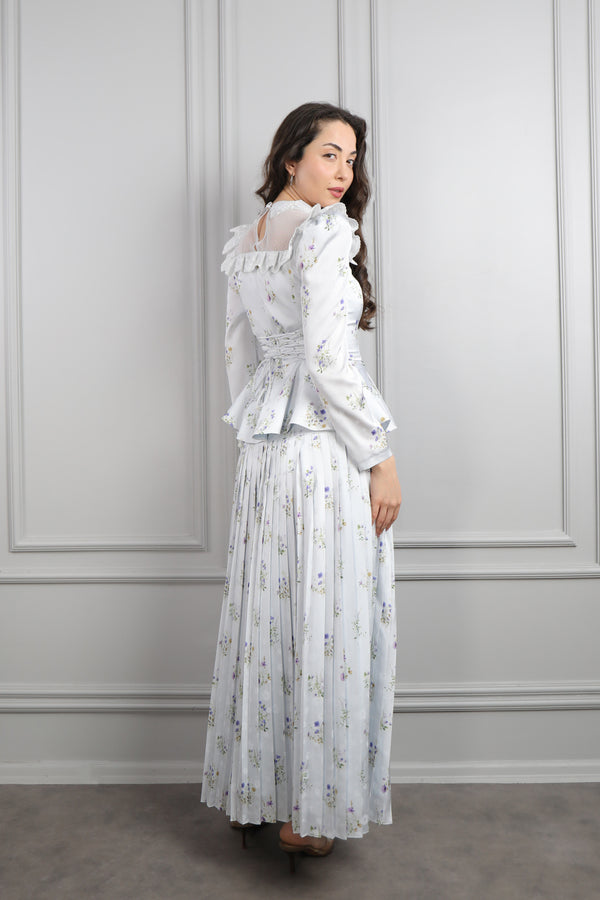 Yakası Transparan Beli Fiyonk Detaylı Desenli Saten Pileli Etek Takım Mavi