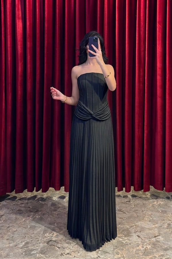 Straplez Beli Drape Detaylı Abiye Siyah