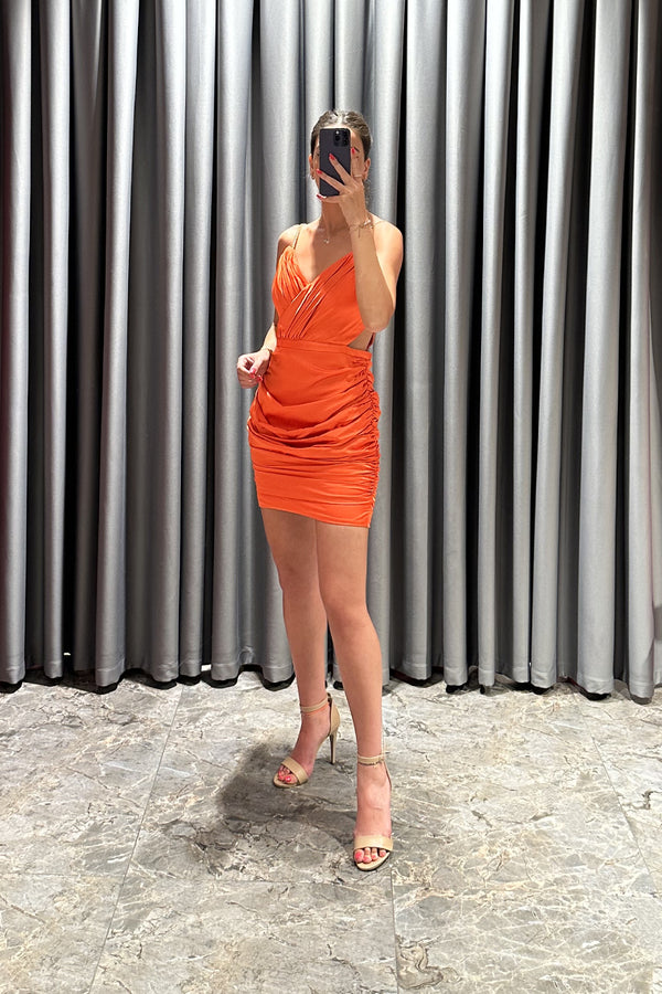 Zincir Askılı Beli Dekolte Detaylı Kısa Elbise Oranje
