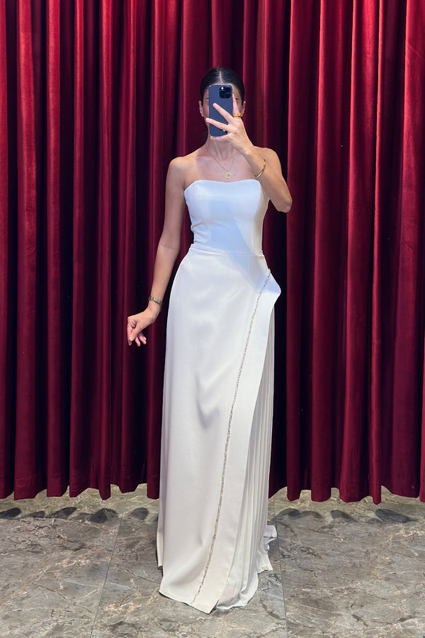 Straplez Kristal Taş İşlemeli Bolero Detaylı Abiye Kemik