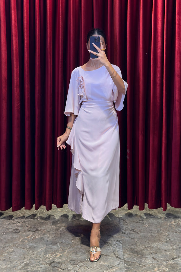 Oval Yaka Yarasa Kollu Eteği Hareketli Elbise Pembe