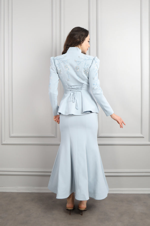 Yakası Bağlamalı Boncuk İşlemeli Etek Takım Mavi