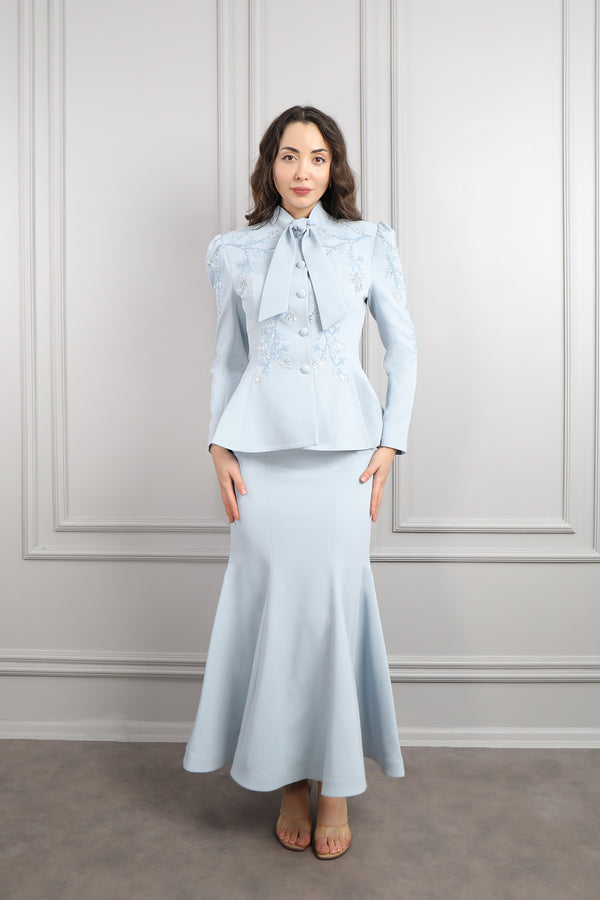 Yakası Bağlamalı Boncuk İşlemeli Etek Takım Mavi