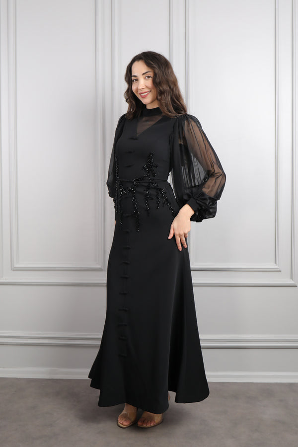 Hakim yaka Boncuk İşlemeli Önü Fiyonk Detaylı Elbise Siyah