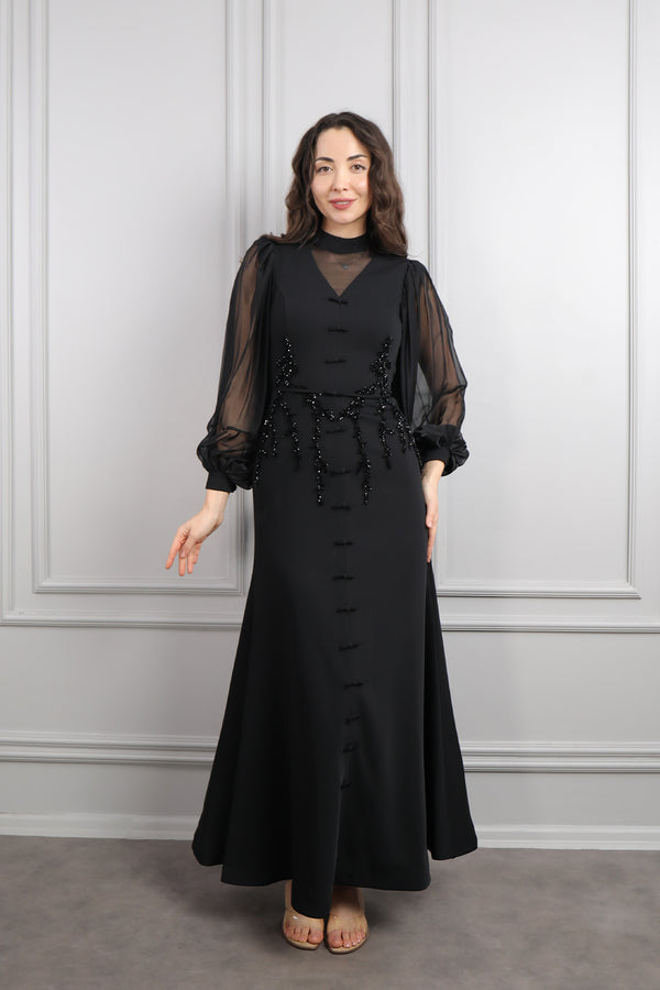 Hakim yaka Boncuk İşlemeli Önü Fiyonk Detaylı Elbise Siyah
