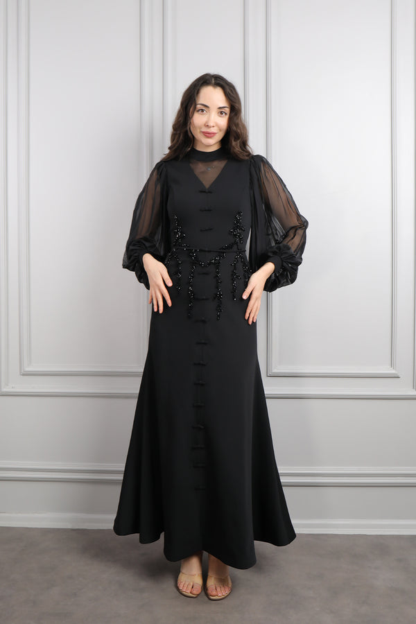 Hakim yaka Boncuk İşlemeli Önü Fiyonk Detaylı Elbise Siyah
