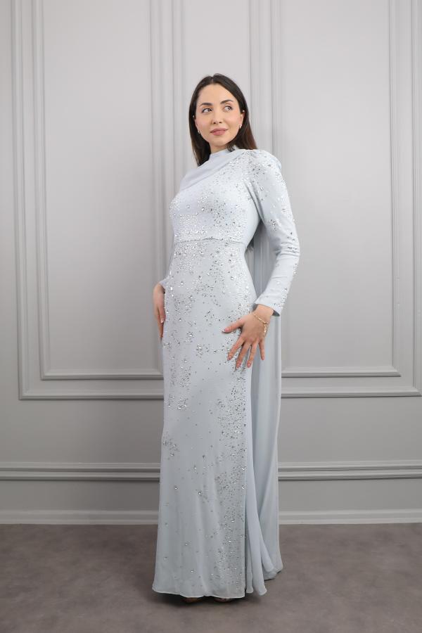 Kristal Taşlı Pelerin Detaylı Tesettür Elbise Mavi