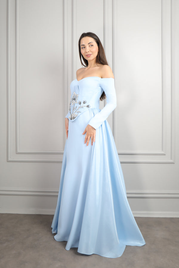 Kalp Yaka Korsesi Taş İşlemeli Tak-Çıkar Pelerinli Abiye Mavi