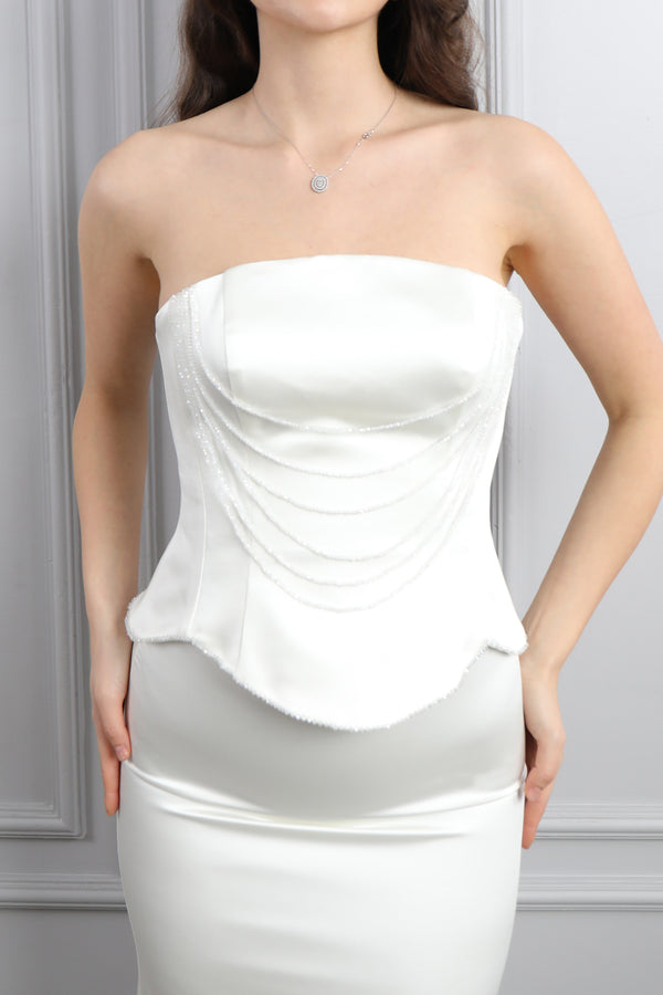 Straplez Boncuk Detaylı Saten Etek Takım Kemik