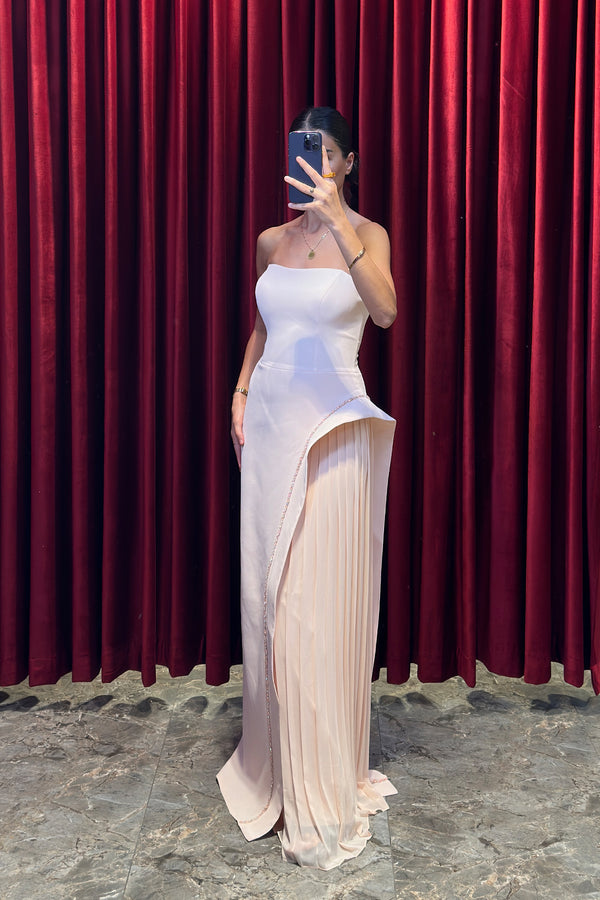 Straplez Kristal Taş İşlemeli Bolero Detaylı Abiye Pembe