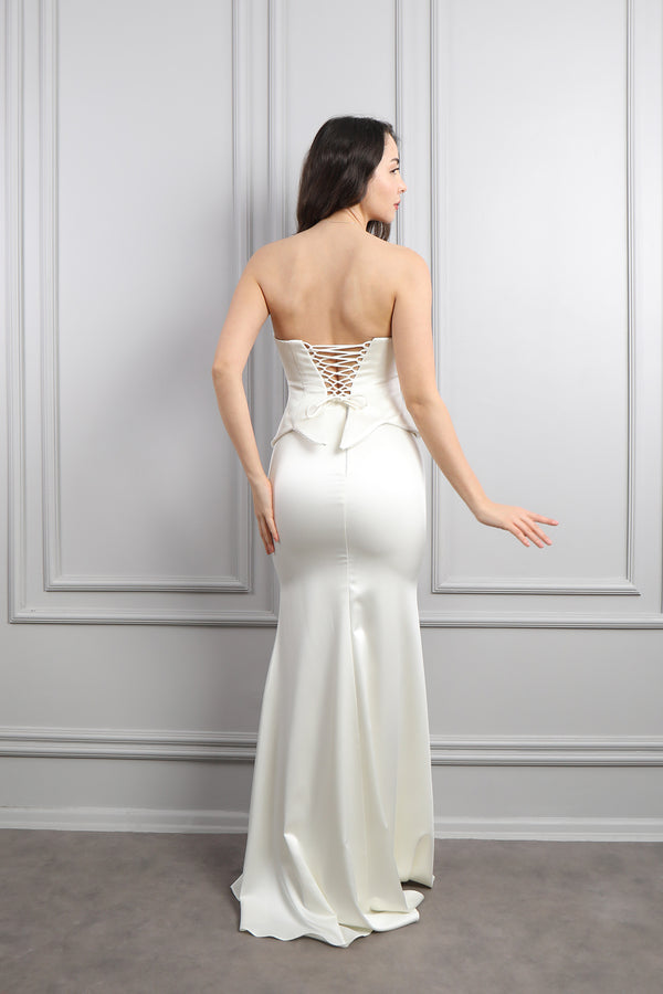 Straplez Boncuk Detaylı Saten Etek Takım Kemik