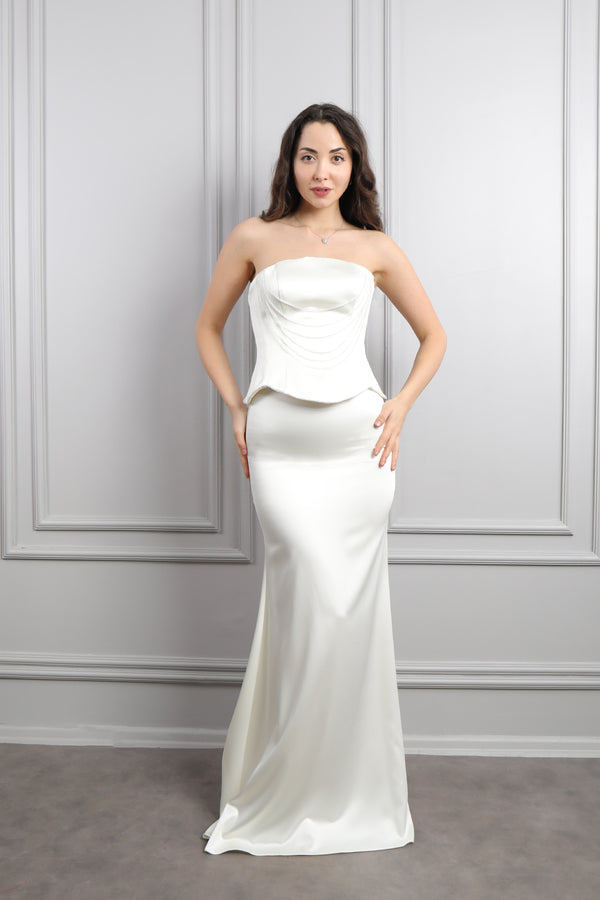 Straplez Boncuk Detaylı Saten Etek Takım Kemik