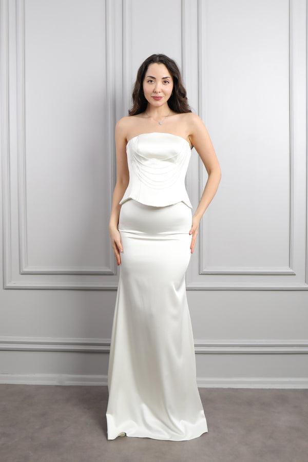 Straplez Boncuk Detaylı Saten Etek Takım Kemik