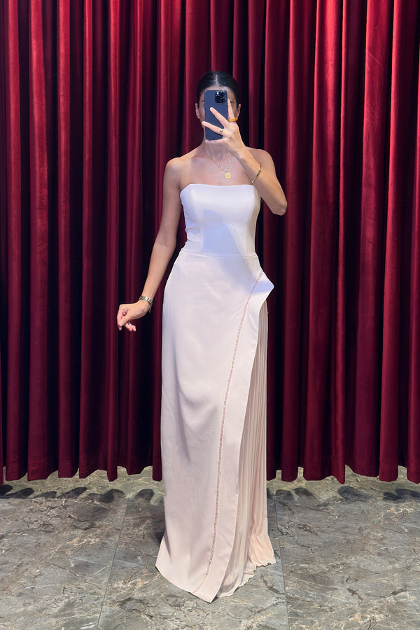 Straplez Kristal Taş İşlemeli Bolero Detaylı Abiye Pembe