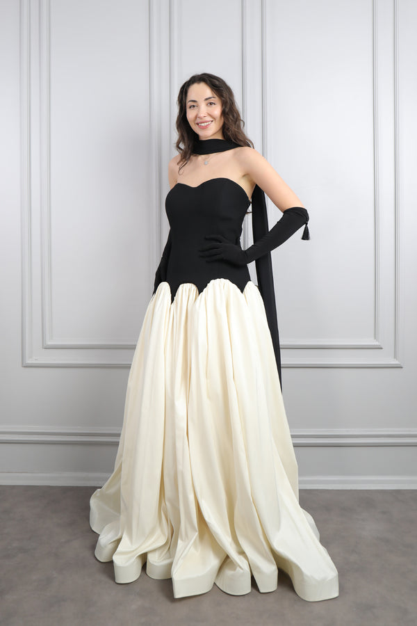 Straplez Eldiven Aksesuar Detaylı Abiye Siyah-kemik