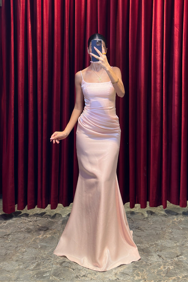 İnce Askılı Beli Drape Detaylı Abiye Pudra