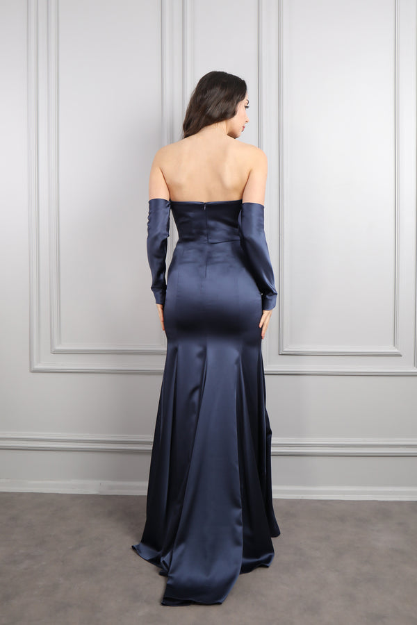 Straplez Kolları Hareketli Saten Balık Model Abiye Lacivert