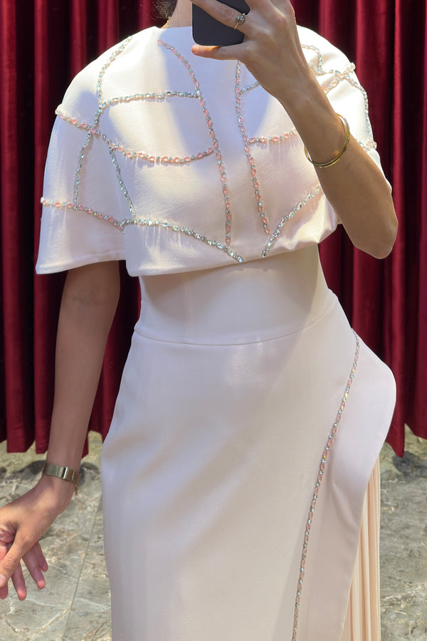 Straplez Kristal Taş İşlemeli Bolero Detaylı Abiye Pembe