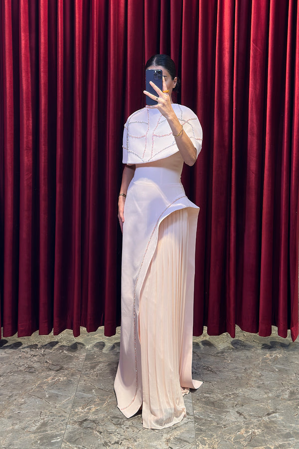 Straplez Kristal Taş İşlemeli Bolero Detaylı Abiye Pembe