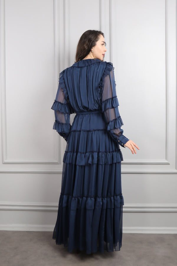 Beli Kemerli İşlemeli Fırfır Detaylı Büyük Beden Şifon Elbise Lacivert