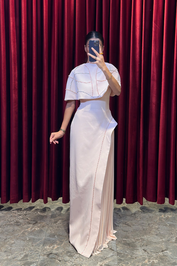 Straplez Kristal Taş İşlemeli Bolero Detaylı Abiye Pembe