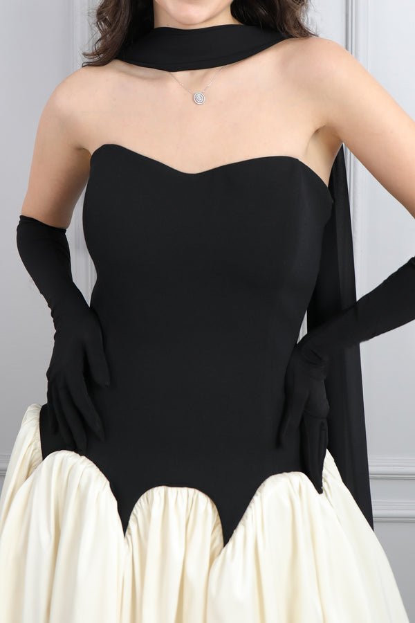 Straplez Eldiven Aksesuar Detaylı Abiye Siyah-kemik