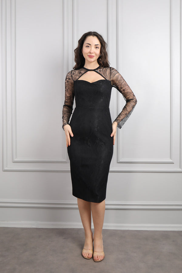 Transparan Detaylı Dantelli Midi Boy Elbise Siyah