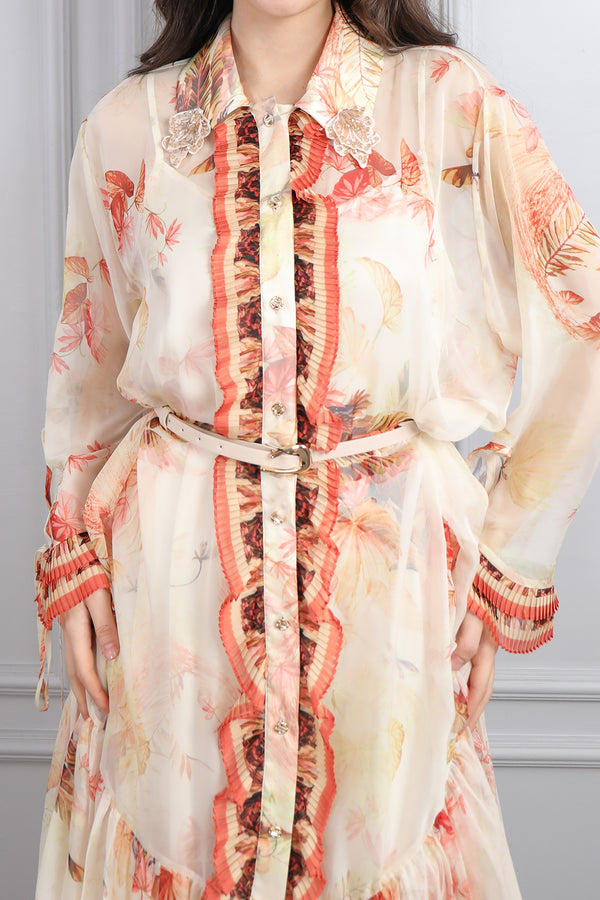 Gömlek Yaka Beli Kemerli Önü Fırfır Detaylı Desenli Büyük Beden Şifon Elbise Nar çiçeği