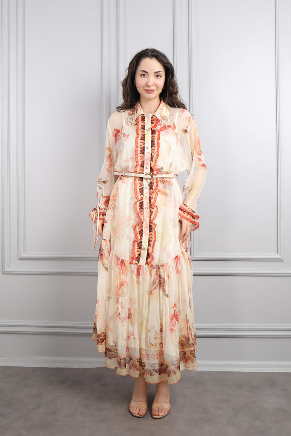 Gömlek Yaka Beli Kemerli Önü Fırfır Detaylı Desenli Büyük Beden Şifon Elbise Nar çiçeği