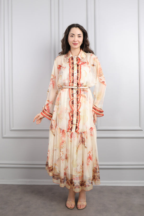 Gömlek Yaka Beli Kemerli Önü Fırfır Detaylı Desenli Büyük Beden Şifon Elbise Nar çiçeği