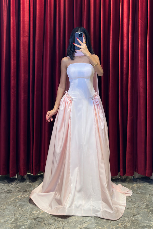 Straplez Beli Kristal Taş Detaylı Kabarık Abiye Pembe
