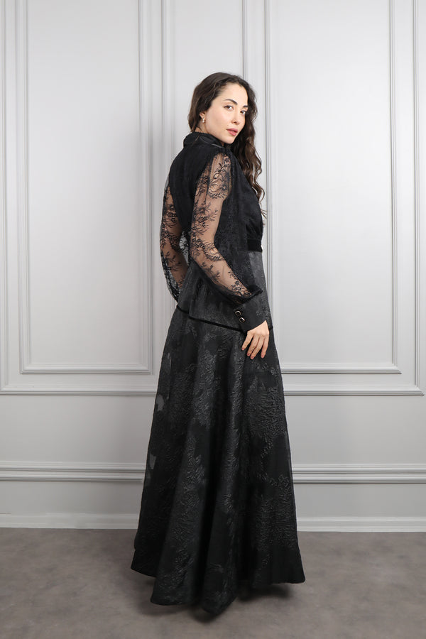 Beli Kemerli Kolları Transparan Çiçek Detaylı Büyük Beden Elbise Siyah