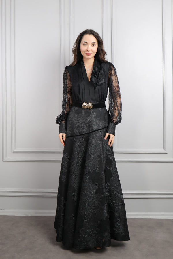 Beli Kemerli Kolları Transparan Çiçek Detaylı Büyük Beden Elbise Siyah