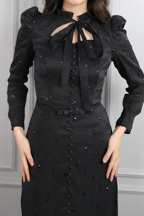 Yakası Bağlamalı Önü Düğmeli Payet İşlemeli Elbise Siyah