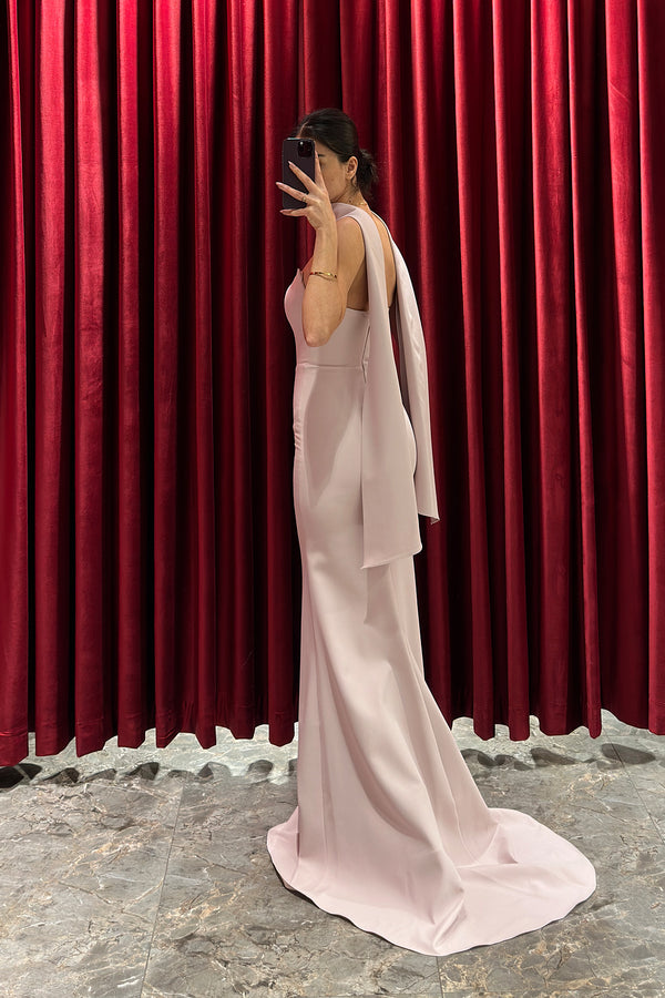 Asimetrik Yaka Fular Detaylı Abiye Pembe