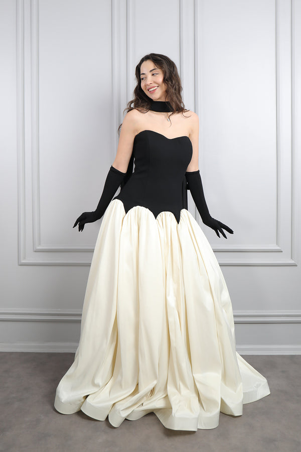 Straplez Eldiven Aksesuar Detaylı Abiye Siyah-kemik