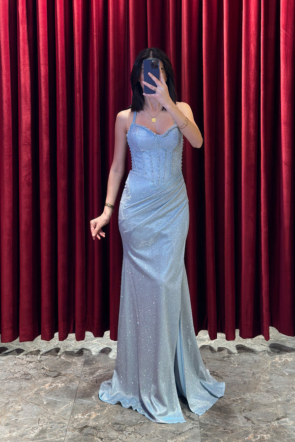 Boyundan Bağlamalı Önü Taş İşlemeli Drape Detaylı Simli Abiye Bebe-Mavi