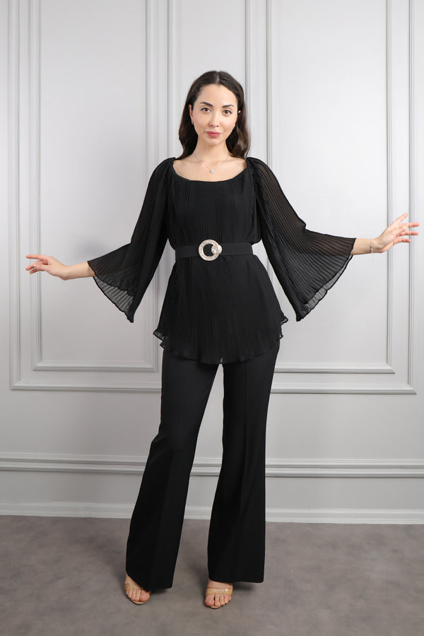 Geniş Yaka Beli Kemerli Pileli Büyük Beden Pantolon Takım Siyah