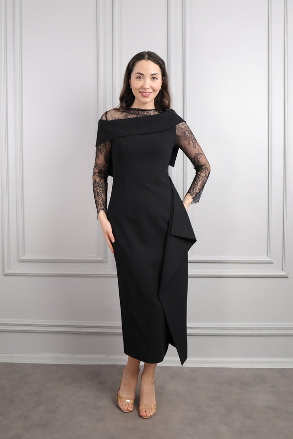 Kayık Yaka Transparan Detaylı Drapeli Midi Boy Elbise Siyah