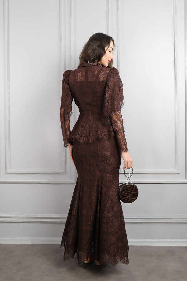 Hakim Yaka İnci İşlemeli Dantelli Etek Takım Kahve