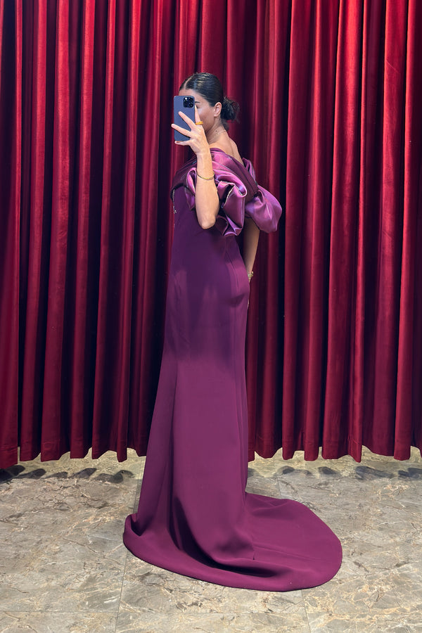 Balon Kollu Drape Detaylı Kristal Taş İşlemeli Abiye Mürdüm