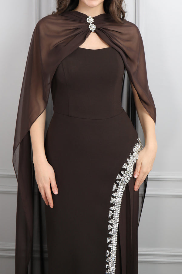 Straplez Eteği Taş İşlemeli Fular Detaylı Abiye Kahve