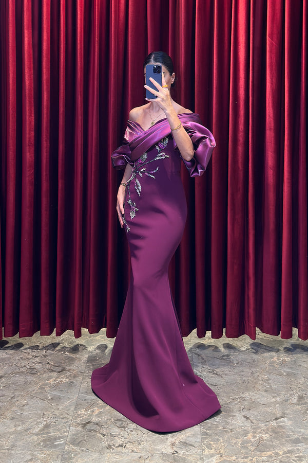 Balon Kollu Drape Detaylı Kristal Taş İşlemeli Abiye Mürdüm