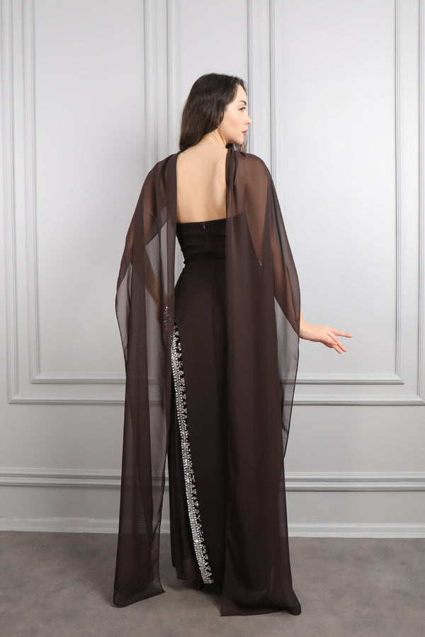 Straplez Eteği Taş İşlemeli Fular Detaylı Abiye Kahve